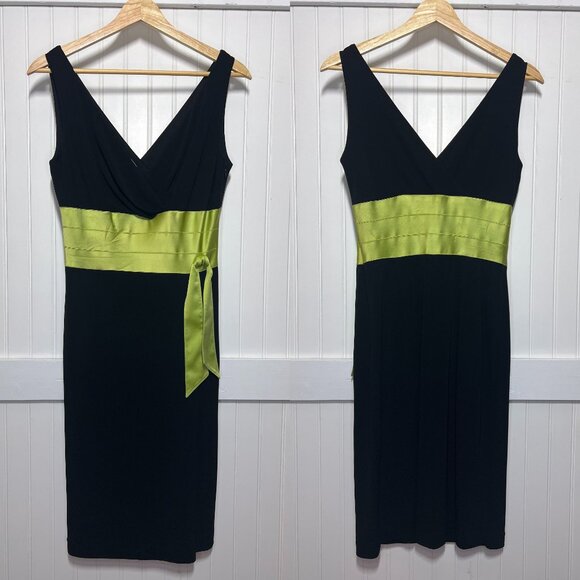 Kay Unger NY Black V-Neck Midi Sheath Sleeveless Cocktail Dress Green Satin Sash - Picture 1 of 10